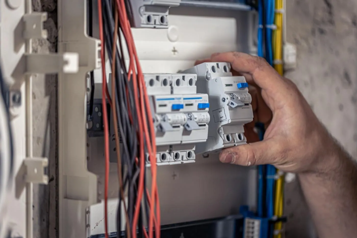 Electrician installing circuit breakers in a residential electrical panel upgrade in North Carolina