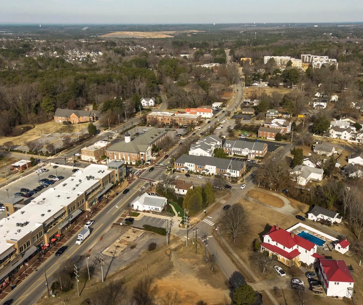 Aerial view of Holly Springs, North Carolina, showing solar panel and EV charger installation service area