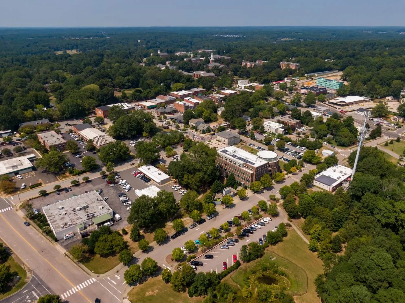 Aerial view of Wake Forest, North Carolina, showing EV charger installation and solar service area