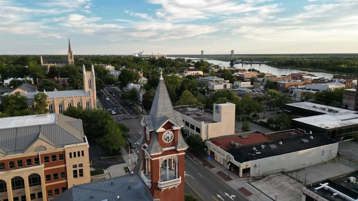 Aerial view of Wilmington, North Carolina, showing EV charger installation and solar service area