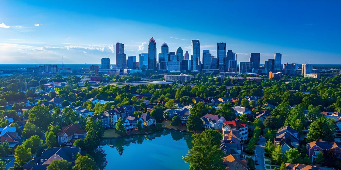 Aerial view of Charlotte, North Carolina, showing EV charger installation and solar service area
